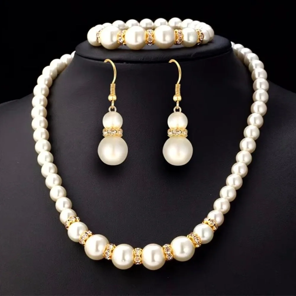Faux Pearl Necklace Bracelet Earring Set Three Piece Set Wedding Gift - Picture 1 of 3